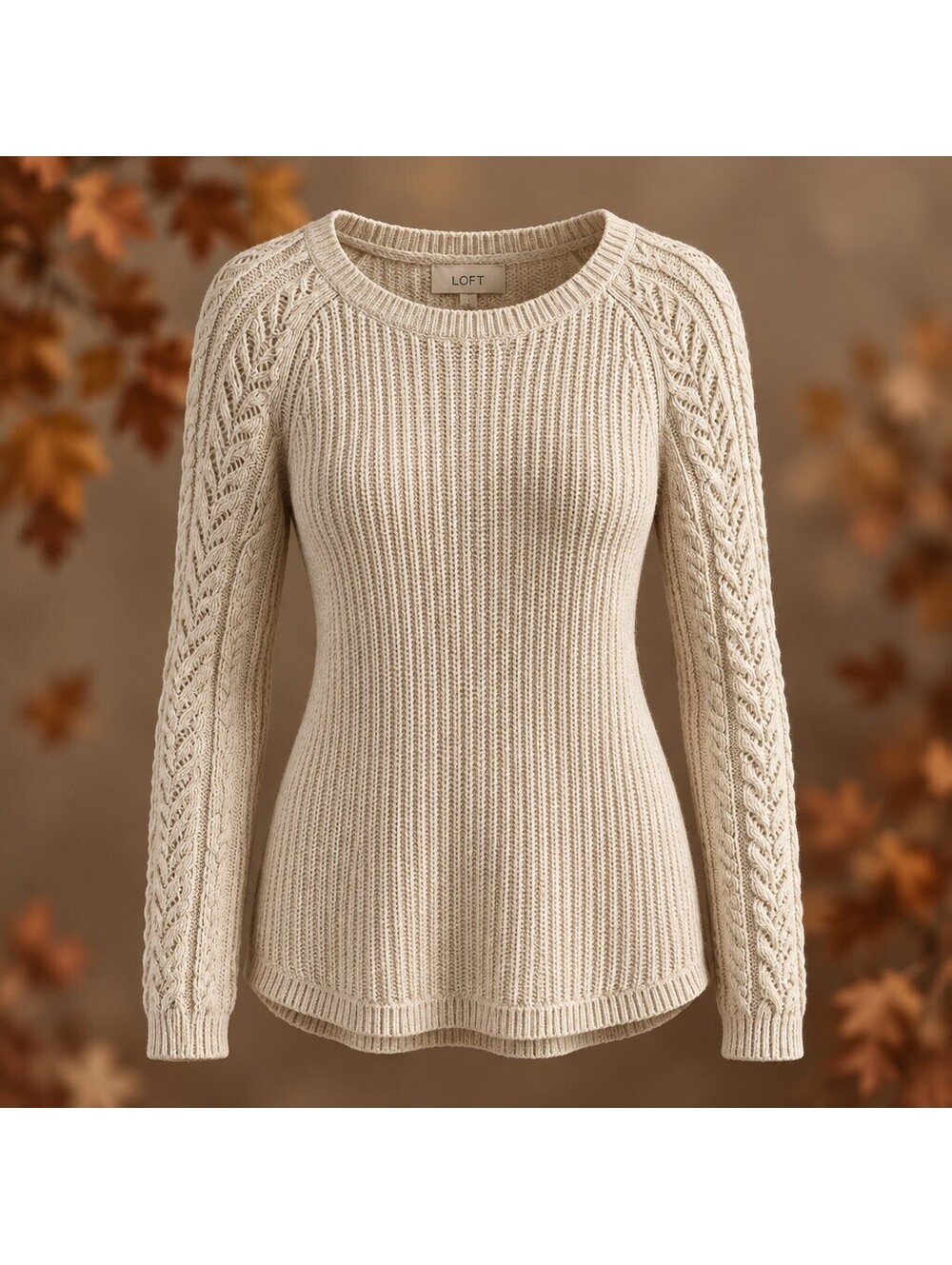 LOFT Cream Cottagecore Boho Fall Cable Knit Openwork Pullover Sweater S 5067